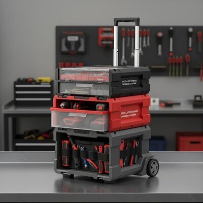 Mehrschichtige stapelbare Werkzeugaufbewahrungsbox mit robuster Kunststoffkonstruktion und sicherem Verriegelungsmechanismus