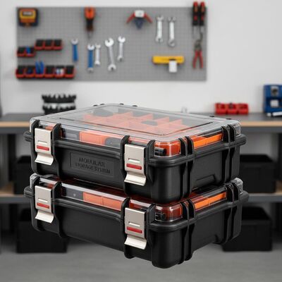 Stapelbare modulaire opbergdoos voor gereedschap met aanpasbare compartimenten en robuuste grendels voor professionele werkplaatsen